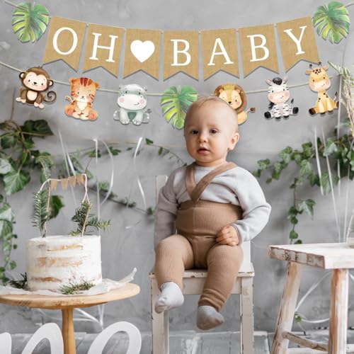 Image of Weecent Pre-Strung 6ft Burlap Oh Baby Banner for Safari Baby Shower Decorations Neutral Jungle Animals Gender Reveal Party Decor