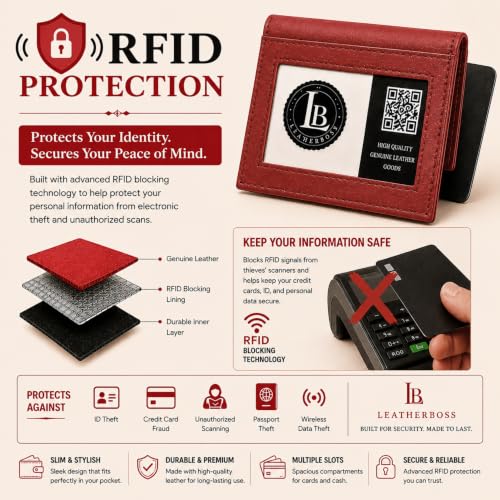 Image of LB LEATHERBOSS Slim Thin Leather Credit Card Triple ID Window Mini Wallet Bifold Driver License Safe (Cherry)