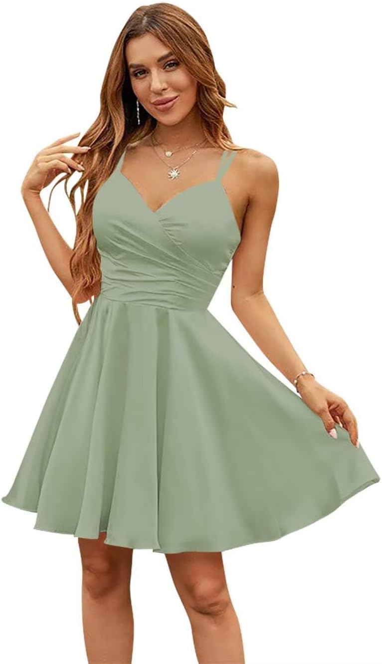 Satin Homecoming Dresses Spaghetti Straps Short Prom Dress V Neck Mini Cocktail Gown
