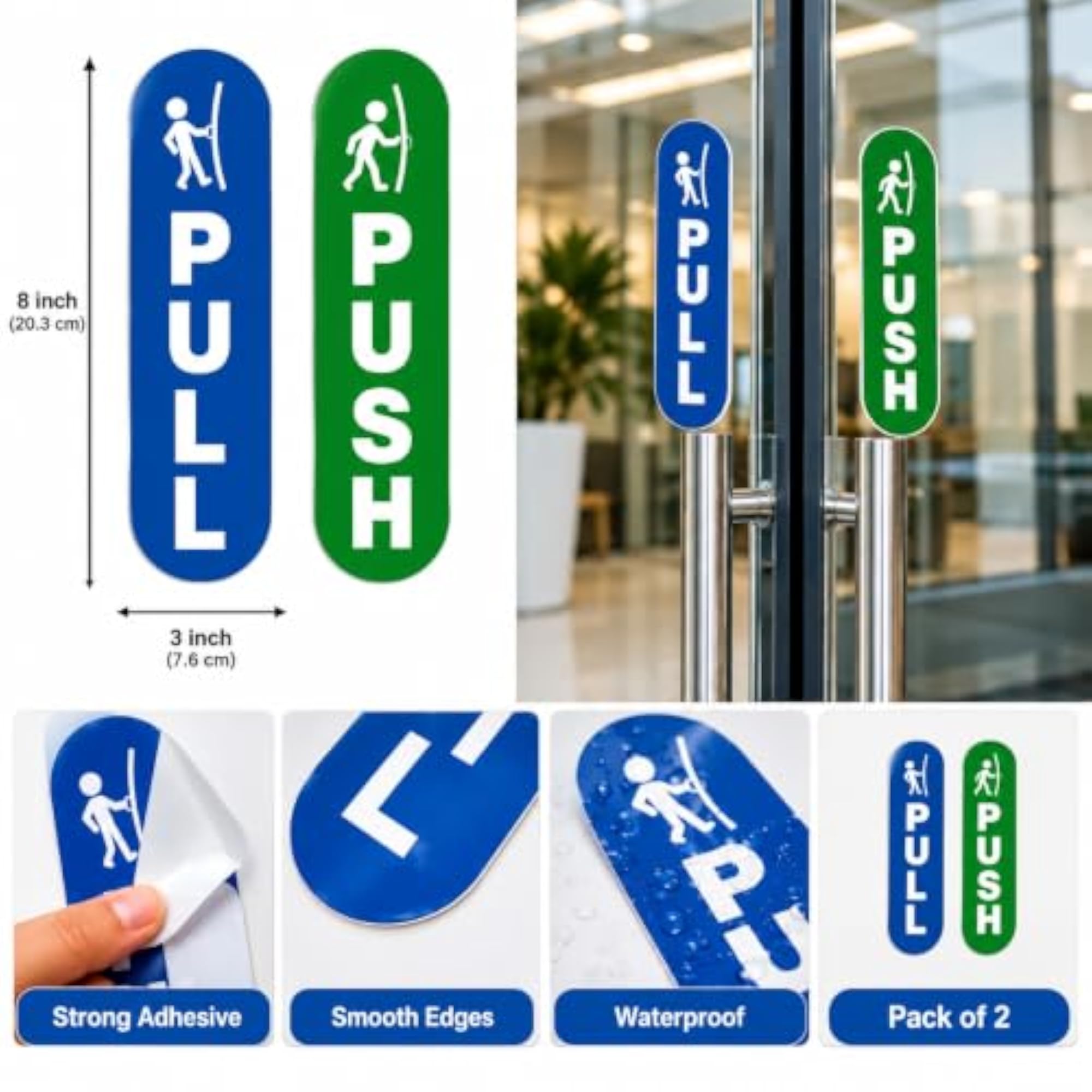 Pull Push Vinyl Door Signage Sticker, Blue and Green