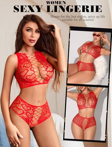 Image of Avidlove Womens Fishnet Lingerie Set Sexy Two Piece Lingeries Hollow Out Stripper Outfit Heart Print Mesh Crop Tops
