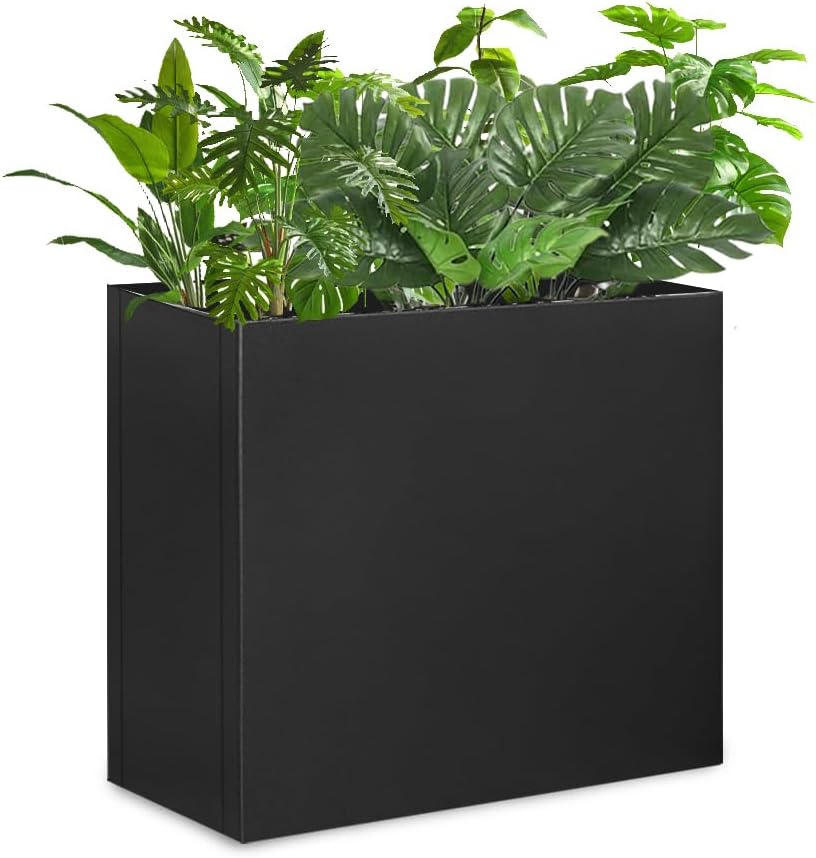 Metal Tall Long Planter Box Large Rectangular Planter Flower Pot with Drainage Holes for Indoor Outdoor Deck Porch Garden Home Patio Front Door (Black, 28" L x 9" W x 26" H)