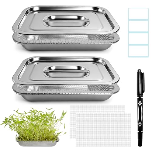 2 Pack Stainless Steel Seed Sprouter Trays 2-Tier Soil-Free Microgreens Growing Kit Sprouting Tray with Cover Lids & Mesh Pads for Sprouts Beans Alfalfa Wheatgrass (10.6 * 7.9 * 1.9)