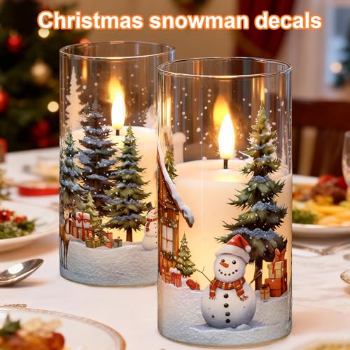 Image of KunSween Christmas Candles with Remote Timer, Set of 2 LED Glass Flameless Candles Battery Operated with Cedar, Snowman, Reindeer, Snowy House Decals for Holiday Winter Party Home Decor(D6 inch x H3 inch)
