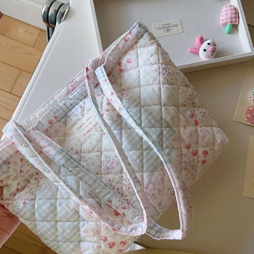 Image of Floral Quilted Cotton Shoulder Bag for Women Daily Use Medium Size Handbag Large Capacity Thickened Design Tote