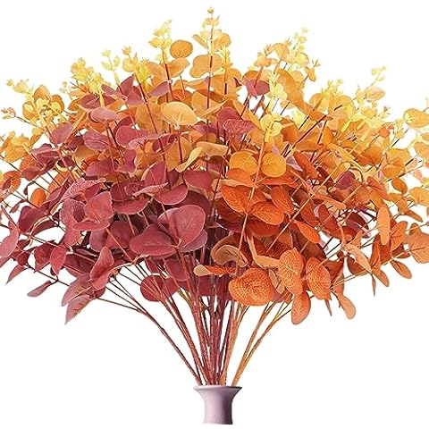 Phliofd 36Pcs Artificial Flowers 12.7in Fake Fall Eucalyptus Leaves Stems Plants for Home Kitchen Wedding Outdoor Office Fireplace Thanksgiving Decor Orange Red Yellow Cover