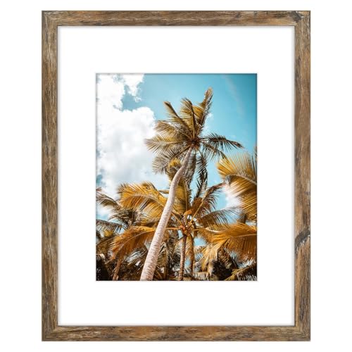 Image of Frametory, 16x20 Picture Frame With Mat for 11x14 Picture - High Definition Glass Wide Molding - Preinstalled Wall Mounting Hardware (Rustic Brown, 1 Pack)