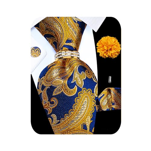 Image of 5PCS Tie and Pocket Square for Men, Silk Necktie and Handkerchief Cufflinks with Gold Ring and Lapel Pin Set