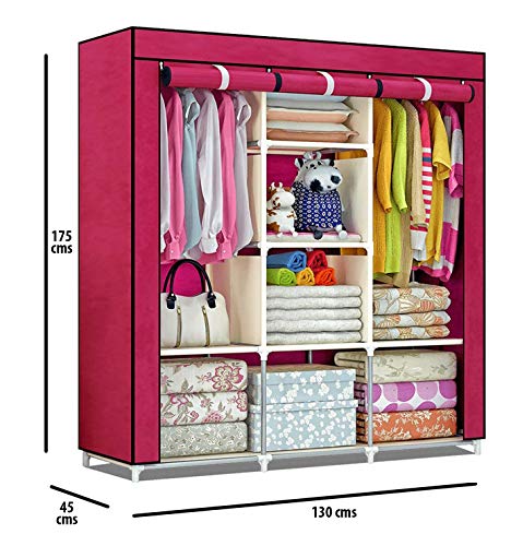 Image of Fancy & Portable Collapsible Clothes Closet - Maroon | Durable & Sturdy Multipurpose Wardrobe Organizer for Home & Bedroom | DIY Almirah with Modern Design | Aluminium - 175 x 45 Cm