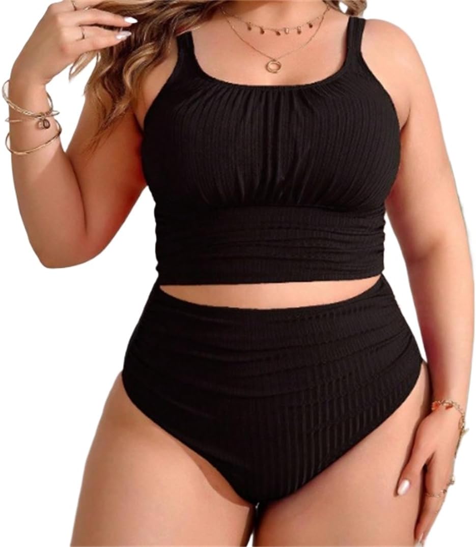 Women's Two Piece Swimsuit, Plus Size 4XL High Waisted Textured Bikini Set, Ruched Crop Top Oversize Royal Blue Swimwear