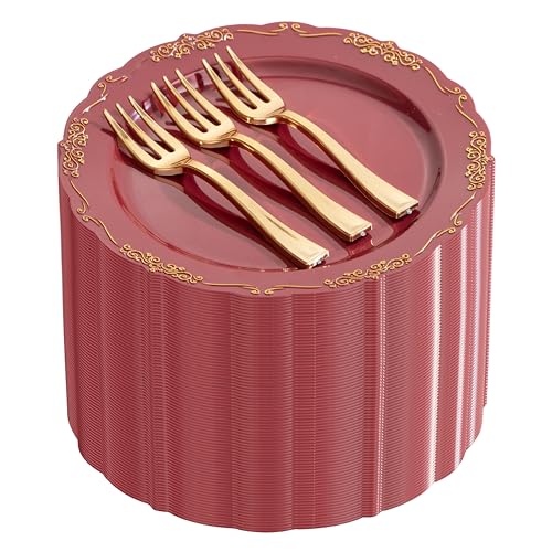 LIYH 100 Pcs Burgundy Gold Plastic Dessert Plates with 100 Pcs Gold Dessert Forks, Disposable Red Salad Plates Includes 100 Appetizer Plate 7.5