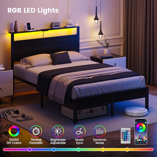 Image of Full Size Metal Bed Frame with Storage Headboard, LED Lights | USB Charging Station, Metal Platform Bed with Sturdy Slats,Noise Free,No Box Spring Needed, Easy Assembly