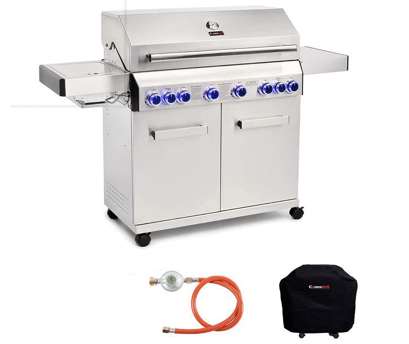 Cosmogrill Silver With Cover Platinum Stainless Steel 8 Burner 6+2 Gas Bbq Grill With Waterproof Cover, High-Performance Outdoor Barbecue For Garden Cooking