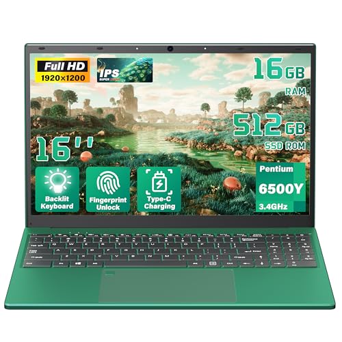 Image of 16 inch Retro Green Laptop Computer for Students & Business | 16GB RAM 512GB SSD, 1920x1200 FHD IPS, 6500Y up to 3.4GHz, Backlit Keyboard & Fingerprint, USB-C Fast Charging, Win 11 Pro