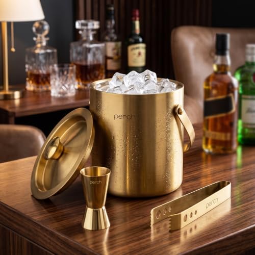 Image of O' Holic by Perch Ice Bucket Trio Stainless Steel - Double Wall Ice Bucket 1.5 Litre with Lid, Ice Tongs & 30 /60 ml Jigger | Insulated Cocktail Barware for Home, Parties & Gifting|Golden