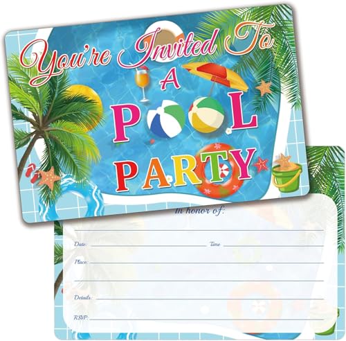 Cartes d'invitation piscine d'été lot de 30 avec enveloppes pour invitations enfants faciles