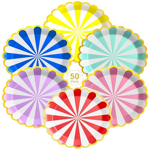 Sotsoixyyn Party Plates Colorful Scalloped 9 Inch 50 Pack 6 Colors Disposable Decorative Dessert Striped Paper Plates with Gold Foil Rim for Baby Shower Birthday Party & Carnival Theme