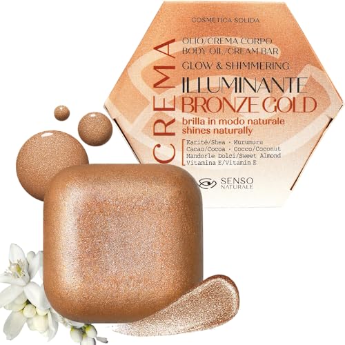 Senso Naturale Solid Body Illuminating Oil Bronze Gold Creme bronzeador corporal com brilho cintilante, hidratante nutritivo com aroma de Neroli, vitamina E, manteiga de karité, vegano natural
