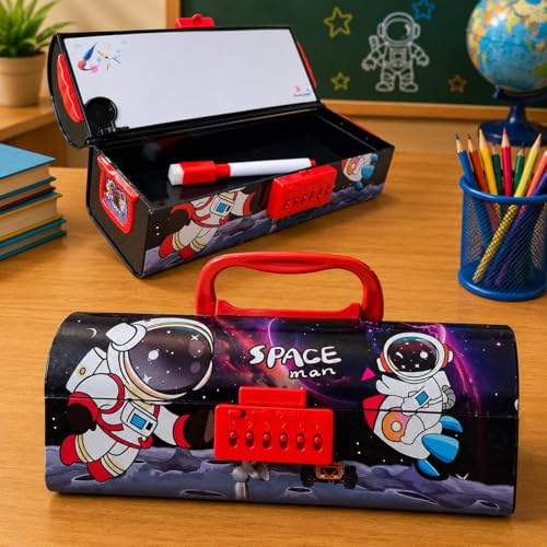 Image of Space Man Compass Box for Kids | Space Astronaut Printed Pencil Box with Number Lock | Large Capacity Stationery Storage Case for School Boys & Girls | Multipurpose Pencil Case