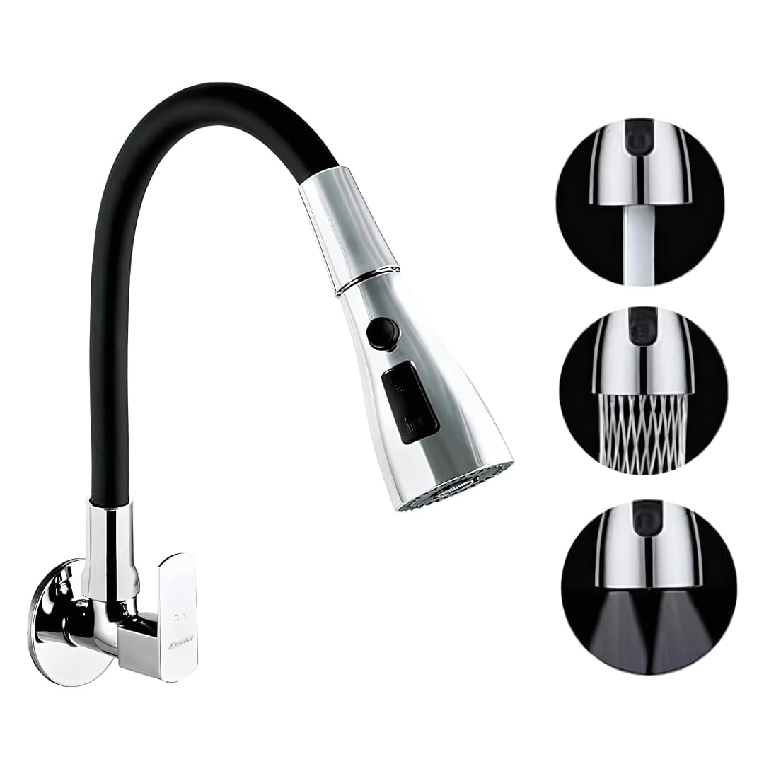 EXOOTICA Smooth Flow Wall-Mounted Kitchen Sink Cock | 360° Flexible Black Silicone Spout with Foam Flow Aerator – Triple Flow-image-42