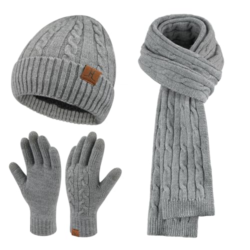 Womens Winter Beanie Hats Long Scarf Touchscreen Gloves Set Warm Knit Skull Caps Gifts for Women