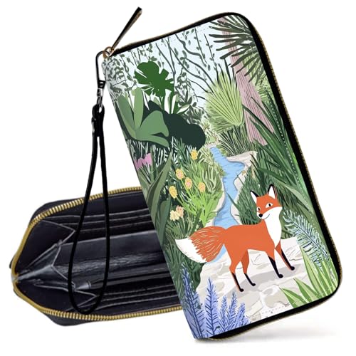 RFID Blocking Wristlet Wallet for Women – Slim PU Leather Zipper Clutch, Cute Credit Card Holder Purse with Wrist Strap for Ladies,Cute Fox in Garden
