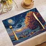 Manteles Individuales Lavables Cielo Estrellado Giratorio Mantel Individual Colinas Pueblos, Juego de 4 Salvamanteles Individuales Resistentes al Calor Antideslizante para Mesa de Cocina, Azul Marino