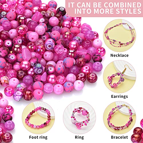 Image of Rired 27 8mm Round Glass Beads Kit, Craft Beads for Bracelet Making, Hot Pink Color with 4mm Bicone Crystal Beads, 2-4mm Spacer Seed Beads for Jewelry Making, Necklace, Phone Charms, DIY Earrings
