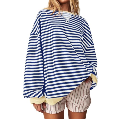 Y2K Pullover Jacke Damen Grünes Tshirt Oversized Dünne Shirt Gestreift Sweat-Shirts Urban
