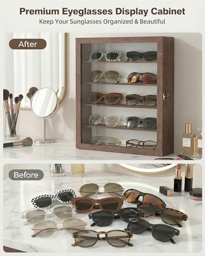 Image of TJ.MOREE 5-Tier Sunglasses Organizer Storage Wall Mounted: 13 x 15 inches Eyewear Display Case Rustic Wood Eyeglasses Holder Large Glasses Storage Box, Brown