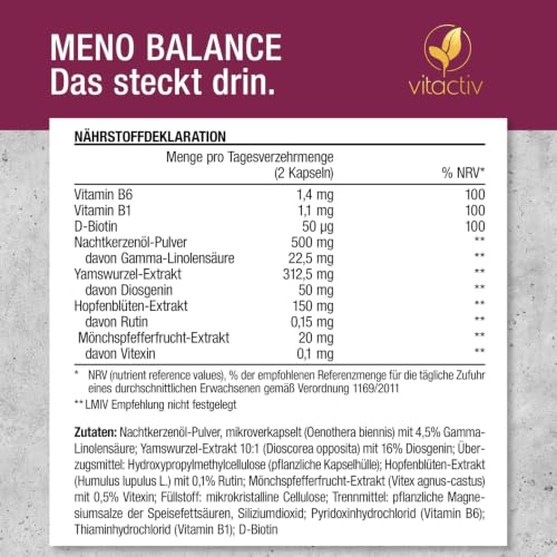 VITACTIV MenoBalance - Wechseljahre Pflanzlich - Nachtkerzenöl, Yamswurzel, Hopfen, Mönchspfeffer plus B Vitamine - Gegen Symptome - Hormonfrei & Vegan - 60 Menopause Kapseln