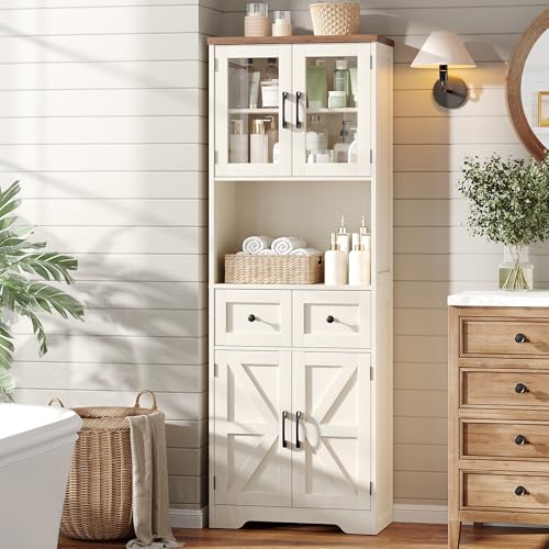 Image of 67" Tall Farmhouse Bathroom Storage Cabinet with Glass Doors and Shelves and Drawers, Freestanding Linen Cabinet for Bathroom Storage, Tall Kitchen Pantry Cupboard for Living Room, Dining, Kitchen