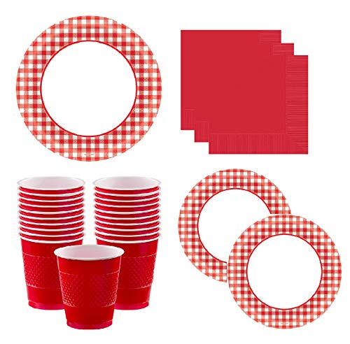 Gingham Party Supplies Pack for 40 Guests Deluxe: Extra Large Red Gingham Plates, Small Plates, Napkins & Cups