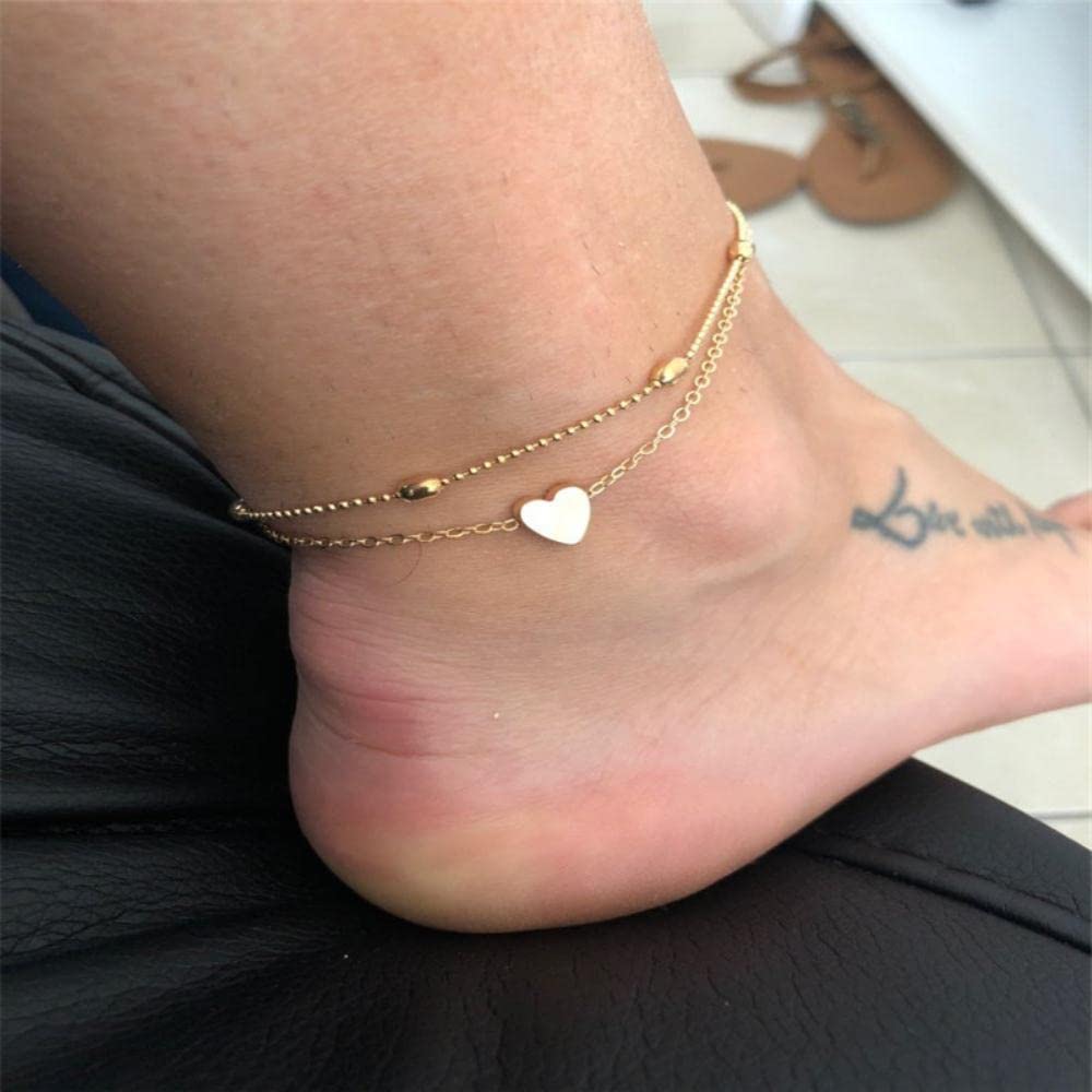 Bracciale alla moda con piedini alla caviglia a forma di cuore per le donne Calzature da spiaggia Cavigliere con perline multistrato Gioielli estivi per feste in stile Boho