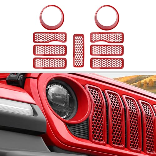 Image of JWWY Headlight Front Grille Mesh Inserts Grille Embellishment Headlamp Grille Accent Kit Trim Fit for 2024 Jeep Wrangler JL JLU & Gladiator JT 4XE Exterior Accessories ABS 9pcs Red (Without Camera)