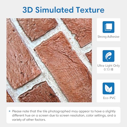 COMSTICKC 3D Red Faux Brick Wall Panel Peel and Stick, 10 Pcs 12"X12", Not Real Tile, Small Size Ultra-Light & Thin PVC Fake Brick Decorative Tiles Backsplash Wallpaper Interior Decor by COMSTICKC - Image 4