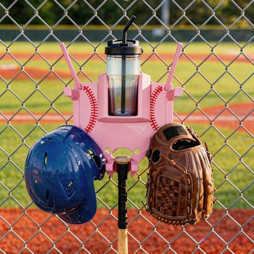 virsomier Baseball and Softball Dugout Organizer Fence-Mounted Hanging Rack for Bats Helmets Gloves Drinks Portable and Space-Saving (Pink)