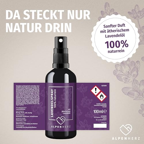Alpenherz Lavendelspray - 100 ml naturrein mit ätherischem Lavendelöl - für Kopfkissen Raumduft Kissenspray Duftspray Toilette Duftspray Toilette WC Duft Yoga Spray Geschenk