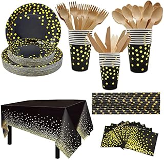 Black and Gold Party Tableware, CEILIWEN 201PCS Black and Gold Party Supplies Set, Paper Tableware Set, Party Dinnerware Set Includes Black Paper Plates, Cup, Straw, Tablecloth, Napkin, Cutlery