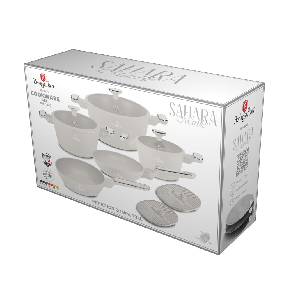Berlinger Haus 10-teiliges Titanbeschichtetes Kochgeschirr Set Sahara Marble Collection – Antihaft, langlebig, leicht zu reinigen, ideal für gesundes Kochen und stilvolles Servieren