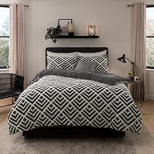Sleepdown Geo Jacquard Fleece Thermo-Bettwäsche-Set mit Kissenbezügen – Super King (220 x 260 cm) – Anthrazit, Grau, Polyester, Anthrazitgrau weiß