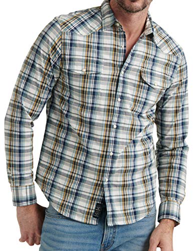Lucky Brand Men's Long Sleeve Button Up Santa Fe Western Shirt with Two Front Pockets, Blue Plaid, X-Large