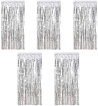 Kioneer Metallic Tinsel Curtains christmas Silver 5 Packs 3 ft x 10 ft large Foil Fringe Curtains for Photo Backdrop Door Wall Hanging Window Curtain Party foil curtain christmas Decoration (Silver)