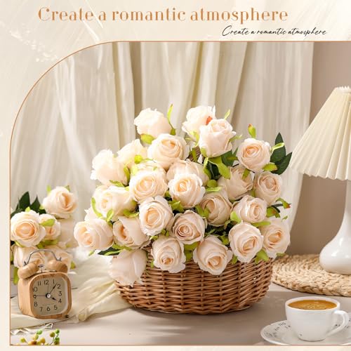 Hotop 40 Pcs Rose Artificial Flowers Bulk with Long Stem,Realistic Silk Fake Roses Bouquet for Home Wedding Centerpieces Party Table Decoration Valentines Gifts(Cream) by Hotop - Image 6