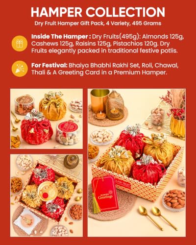 Image of Hyperfoods Rakhi Gift Hamper for Brother Rawfruit's Handcrafted Potli Pack of 4 Cashew Almond Pistachios Raisins 495 Grams with Thali DryFruits Combo Pack Dry Fruits Gift Pack Rakhi with DryFruits