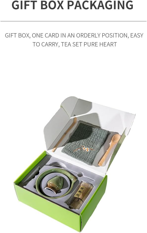 Japanese Matcha Tea Ceremony Set with Ceramic Bowl, Bamboo Whisk, Scoop, Tea Strainer, Holder and Towel, Complete Gift Box, Green, 10.51 x 7.72 Inch