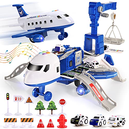 CUTE STONE Toy Airplane with Music and Light, Transport Cargo Airplane Car Toy Play Set with Vehicle Car Toy, Contruction Toy Accessories, Best Gift for 3+ Year Old Boys and Girls
