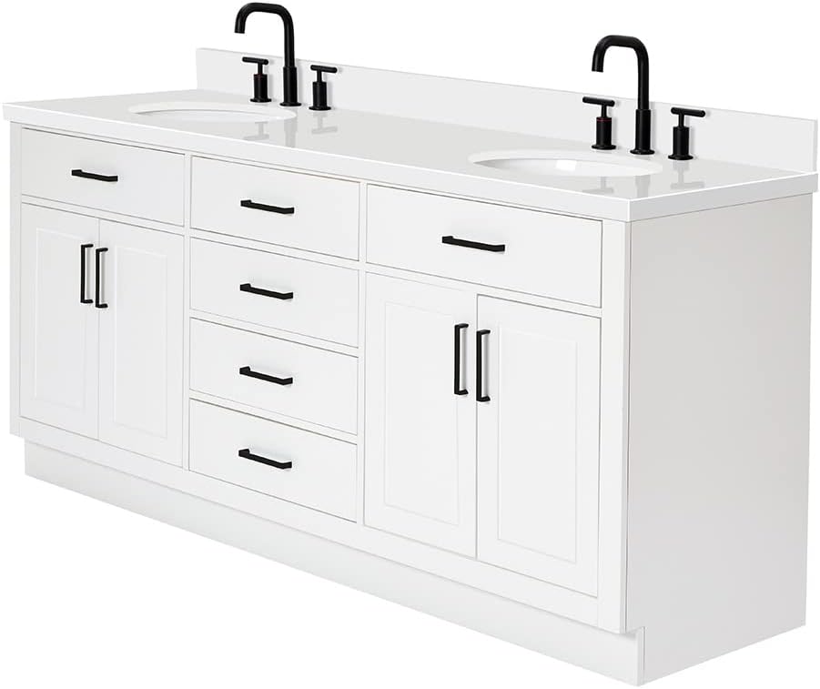 ARIEL Hepburn 72-inch Bathroom Vanity with Sink,Solid Wood, 1.5-inch Pure White Quartz Countertop & Backsplash, Double Oval Porcelain Sink, 4 Soft Closing Doors, 6 Dovetail Drawers, White