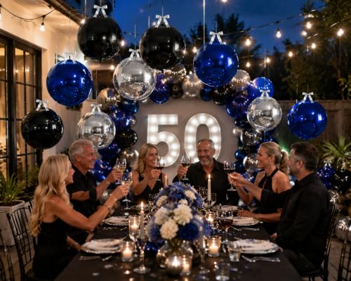 Image of 9 Pcs Black Blue Silver Round Foil Balloons Black Royal Navy Blue Metallic Silver Chrome 4D Ball Balloons 22 In Orbz Mylar Balloon for Graduation Grad Birthday Anniversary Party Decorations