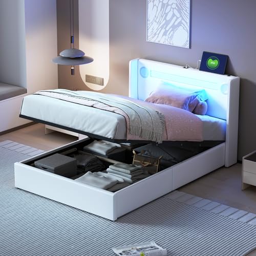 LAKFEW Cama Individual Cama 90x200 cm con USB y Luz LED, Camas Juveniles con Reproductor Bluetooth y Almacenamiento Hidráulico, Camas Individuales, Estructura Metálica, PU, Blanco, Sin Colchón